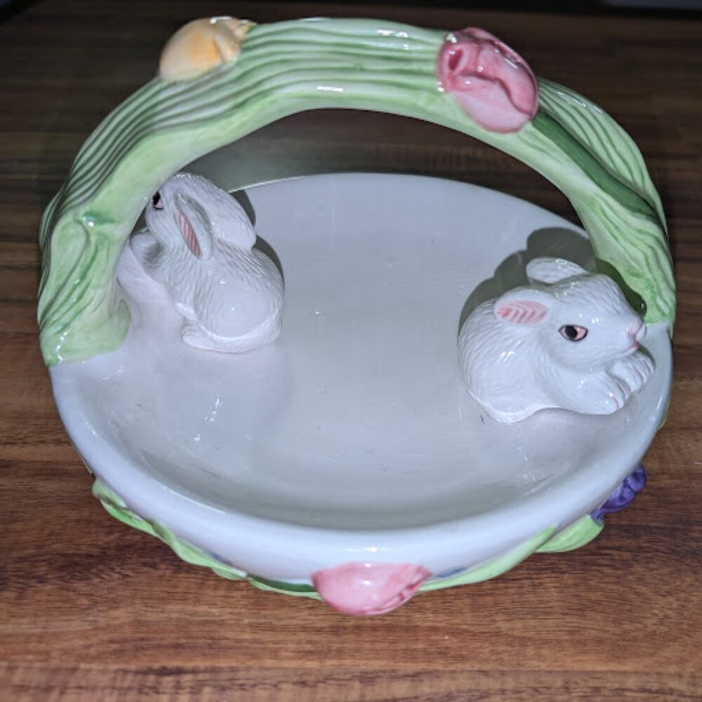 Aspen Collectable Ceramic Hand Painted Floral Rabbits Basket